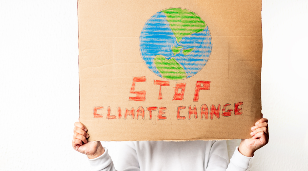 Foto von einem Menschen mit Pappe-Plakat vor dem Gesicht, das Bild einer Erde und den Schriftzug "Stop Climate Change" zeigt.