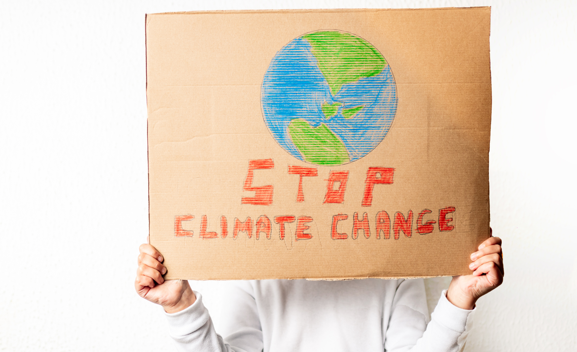 Foto von einem Menschen mit Pappe-Plakat vor dem Gesicht, das Bild einer Erde und den Schriftzug "Stop Climate Change" zeigt.